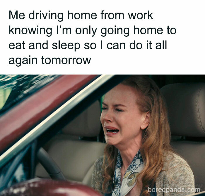 Woman crying in car with a funny meme caption about daily work routine, perfect for a good laugh.