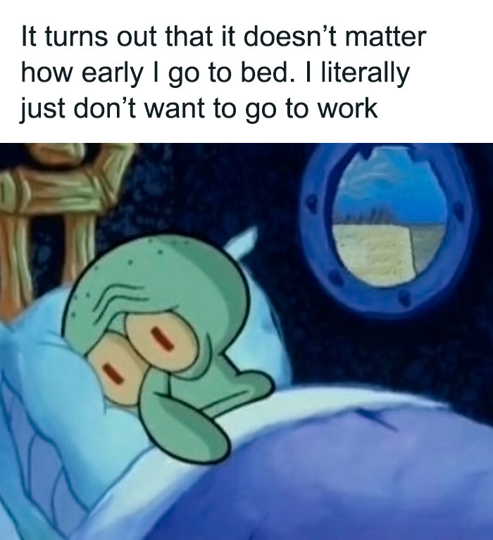Squidward lying awake in bed, struggling to sleep and not wanting to go to work, a funny work meme illustration.