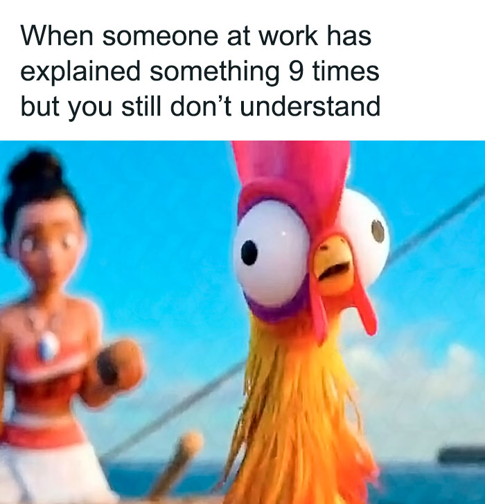 Animated shocked chicken with wide eyes illustrating confusion in a funny work meme about not understanding explanations.