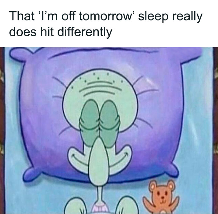 Squidward from SpongeBob peacefully sleeping with a teddy bear, representing funny work memes to get through the manic week.