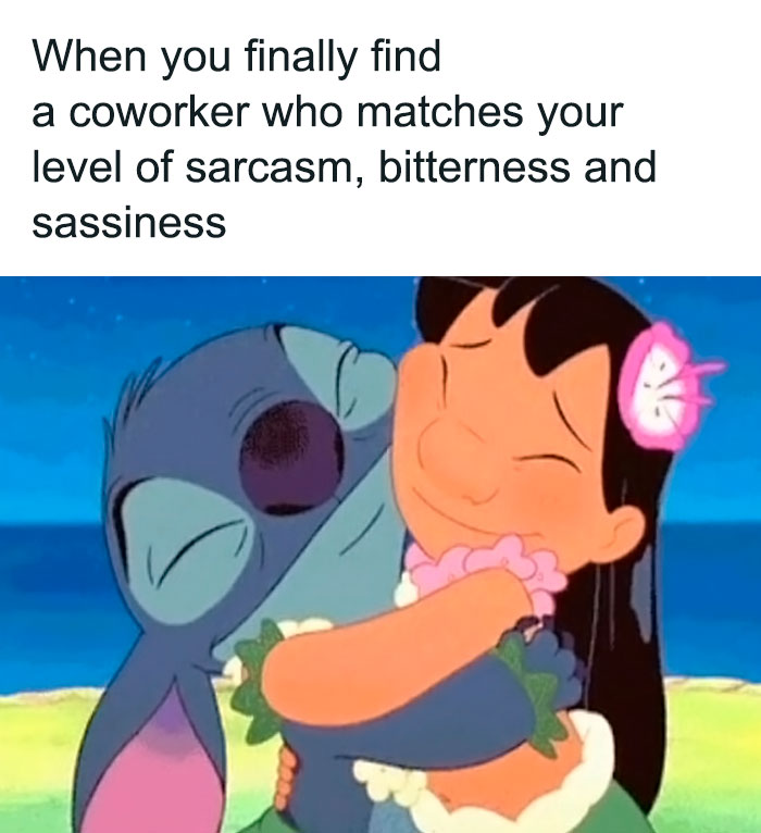 Cartoon characters hugging with text about finding a coworker who matches your level of sarcasm and sassiness work memes.