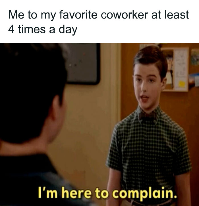 Young boy in a checkered shirt telling a coworker he is here to complain in a funny work meme.
