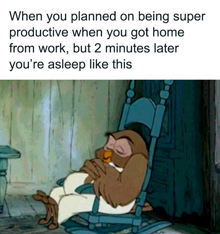 A tired owl cartoon asleep in a rocking chair illustrating funny work memes about productivity and exhaustion after work.