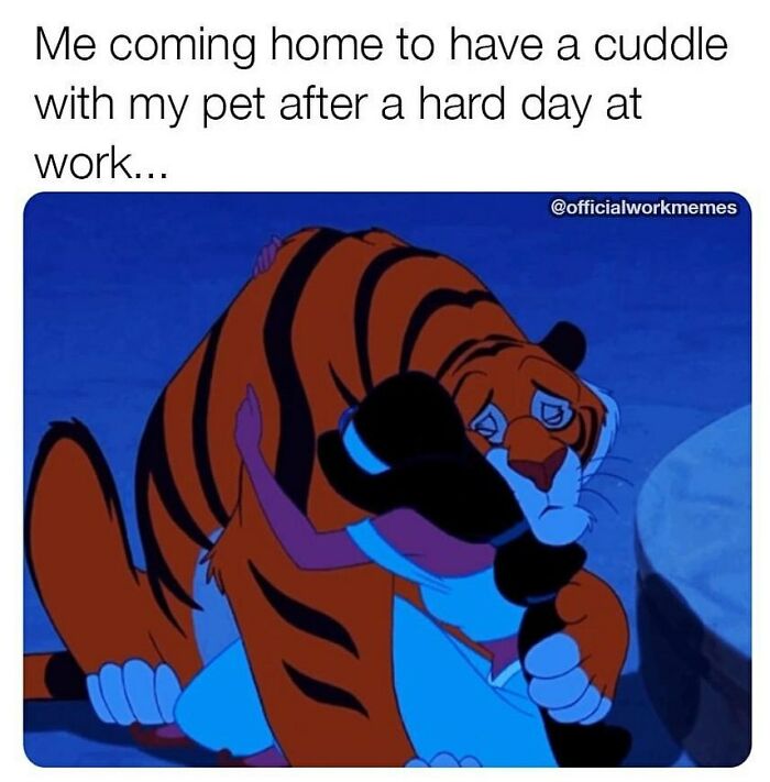 Animated scene of a person hugging a sad tiger, illustrating the relief after a hard day at work meme.
