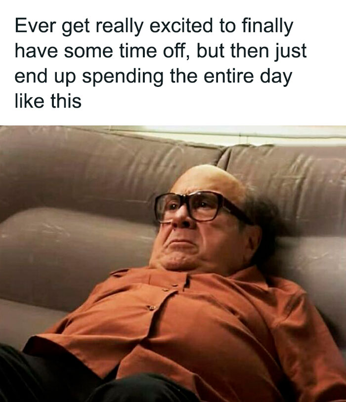 Man lying on couch looking bored and tired, illustrating a funny work meme about time off during a manic week.