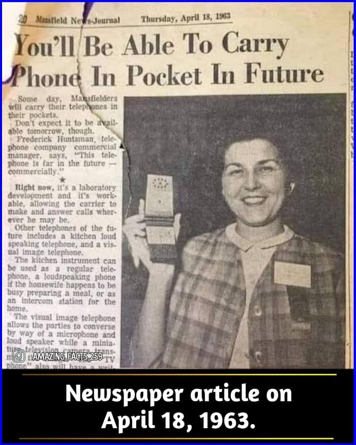 Newspaper clipping from 1963 showing early predictions about carrying phones in pockets with amazing facts insight.