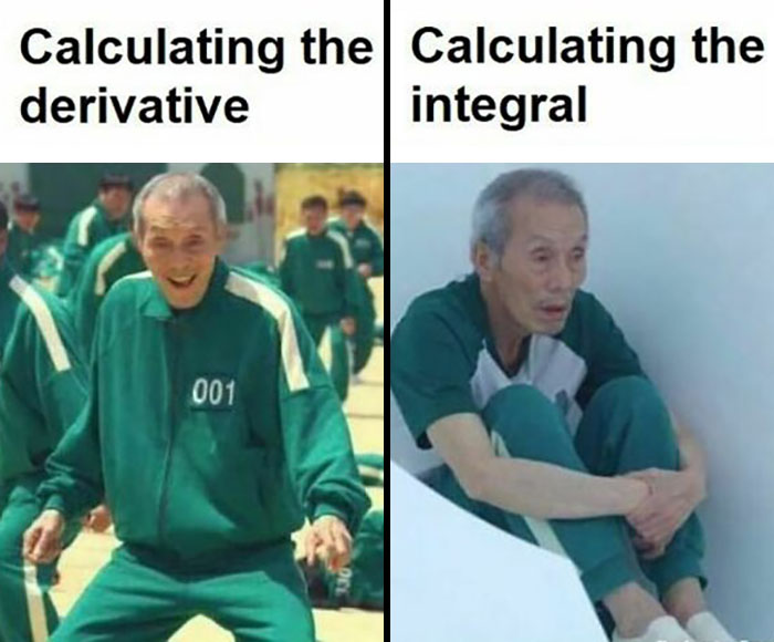 Elderly man in athletic outfit, left content calculating derivative, right stressed calculating integral; engineering memes.
