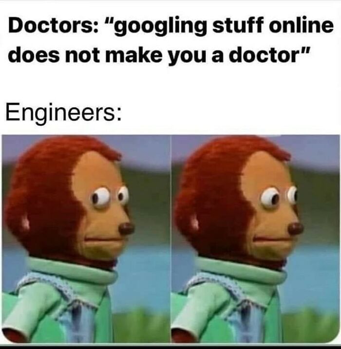 Monkey puppet meme humorously illustrates engineers' reliance on googling.