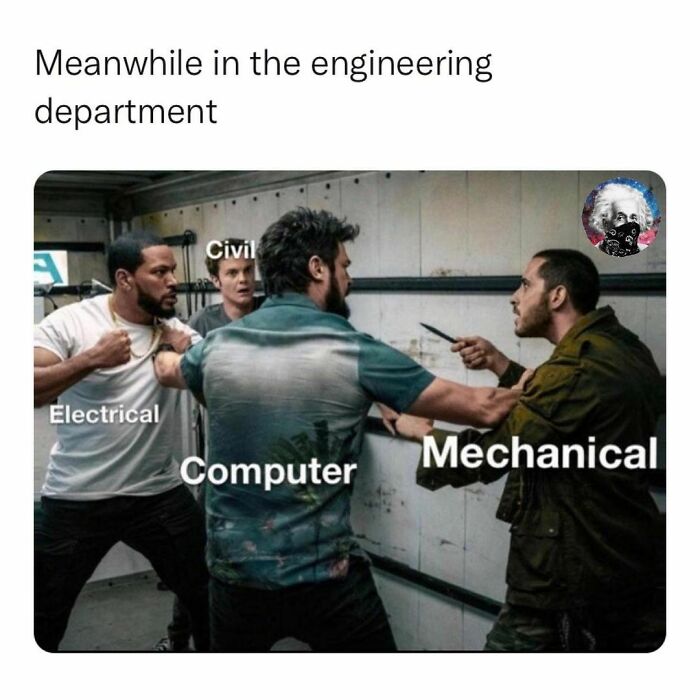 Engineers humorously depicted as different specializations in a tense stand-off, showcasing engineering memes.