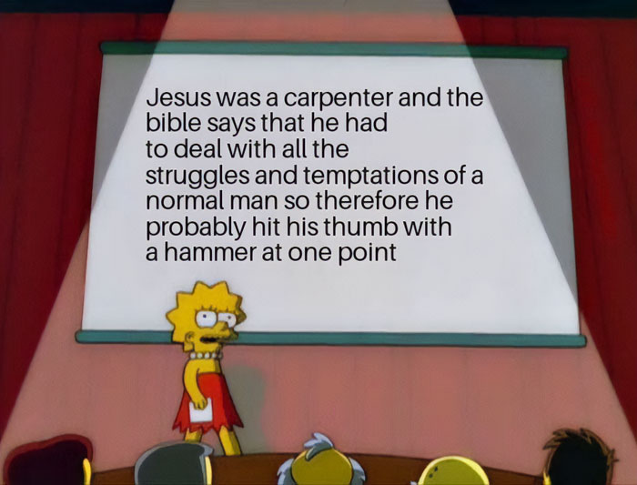 Lisa presenting a funny Christian meme about Jesus as a carpenter in a humorous setting.