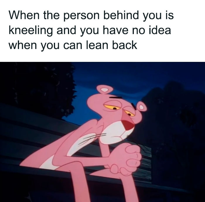 Pink Panther looking uneasy on a bench; Christian meme humor depicted.