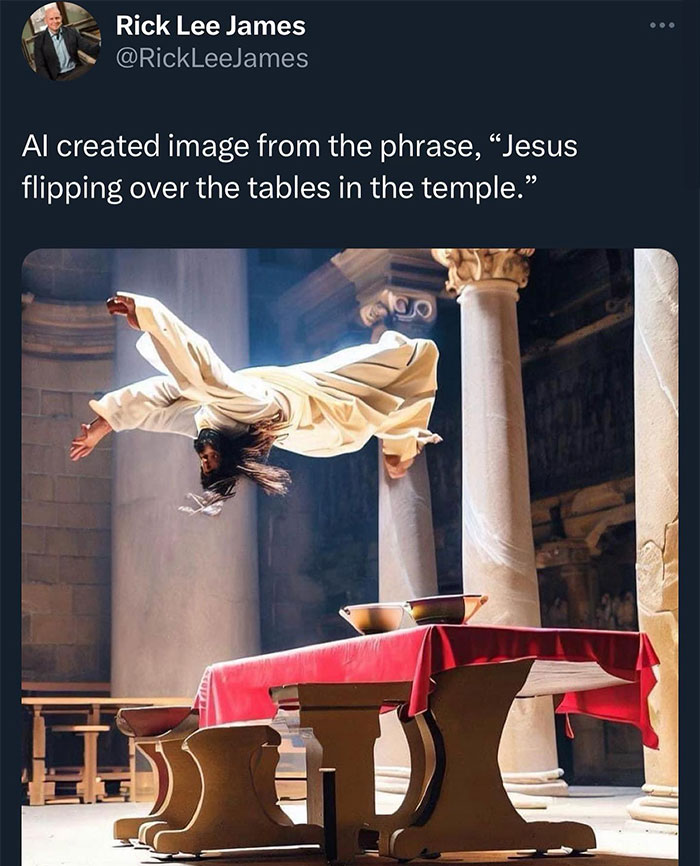 AI-generated image of Jesus flipping over a table in a temple, capturing a funny Christian meme theme.