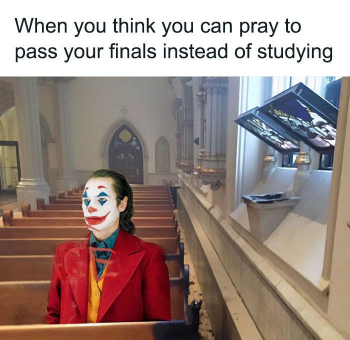 Christian meme featuring a clown in a church pew with text about praying to pass finals without studying.