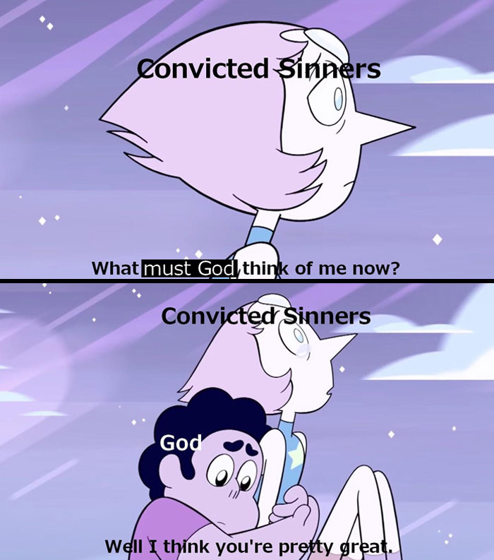 Cartoon characters labeled 'Convicted Sinners' and 'God' in a humorous Christian meme.