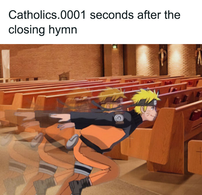 Anime character humorously dashing out of church, referencing a funny Christian meme theme.