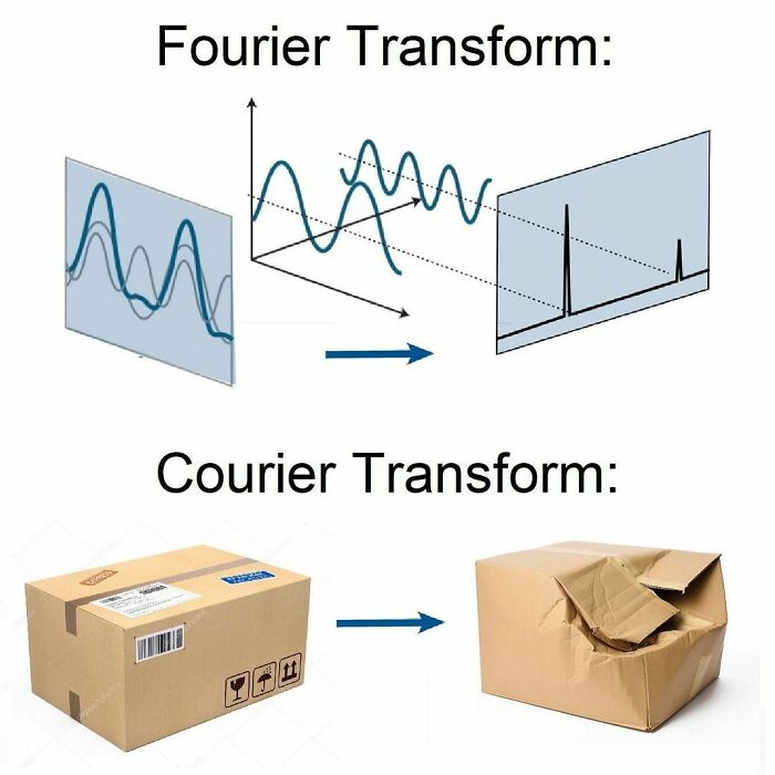 "Engineers laughing at meme comparing Fourier and Courier transforms in a humorous format."