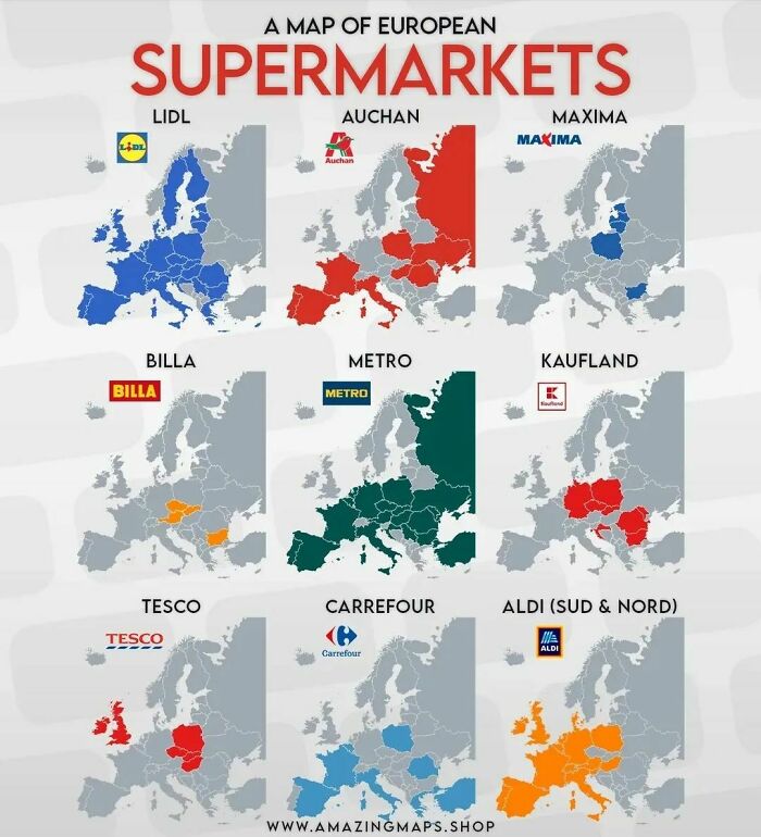 Map of European supermarkets showing Lidl, Auchan, Maxima, Billa, Metro, Kaufland, Tesco, Carrefour, and Aldi locations.