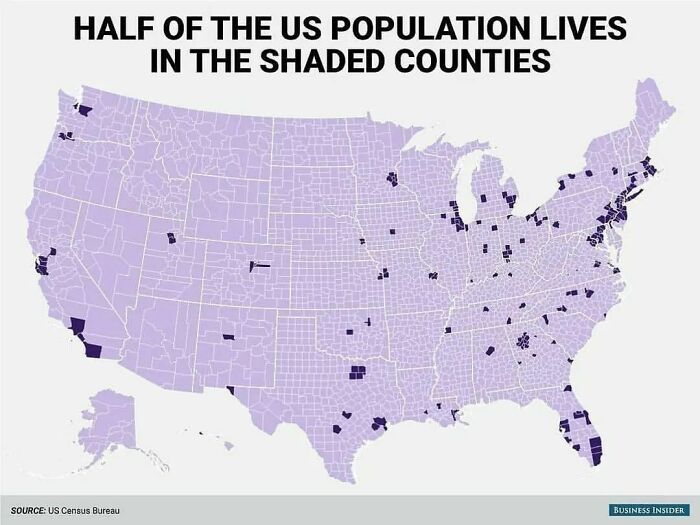 Map showing half of the US population concentrated in shaded counties, illustrating unique world facts in unconventional maps.