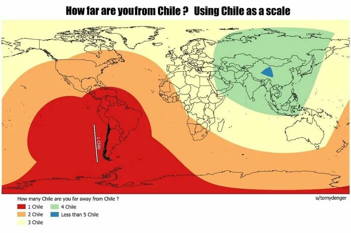 Map showing global distances using Chile as a unconventional scale, illustrating world facts with innovative mapping techniques.