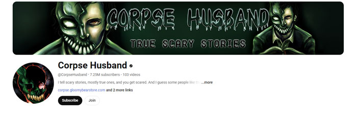 Corpse Husband YouTube channel banner featuring dark, eerie artwork with masked figures and text saying "True Scary Stories." Corpse Husband YouTube channel banner featuring dark, eerie artwork with masked figures and text saying "True Scary Stories."