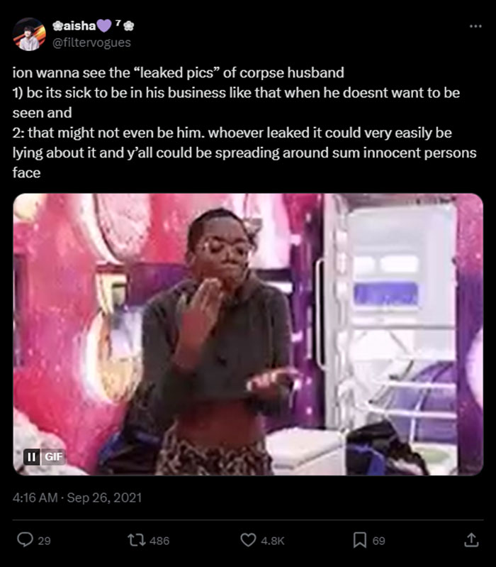 A tweet expressing disapproval of sharing Corpse Husband's alleged leaked pictures, highlighting concerns about privacy and potential misinformation. A tweet expressing disapproval of sharing Corpse Husband's alleged leaked pictures, highlighting concerns about privacy and potential misinformation.