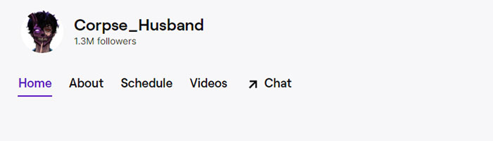 Corpse Husband Twitch profile showing 1.3M followers, with navigation options for Home, About, Schedule, Videos, and Chat. Corpse Husband Twitch profile showing 1.3M followers, with navigation options for Home, About, Schedule, Videos, and Chat.