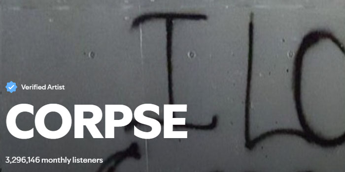 Corpse Husband's Spotify profile showing 3,296,146 monthly listeners and verified artist status. Corpse Husband's Spotify profile showing 3,296,146 monthly listeners and verified artist status.