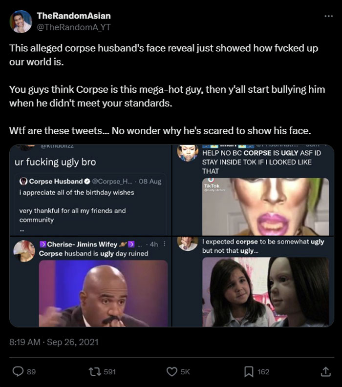 A tweet criticizing online bullying of Corpse Husband after a supposed face reveal, showing hurtful comments and highlighting the negative impact. A tweet criticizing online bullying of Corpse Husband after a supposed face reveal, showing hurtful comments and highlighting the negative impact.