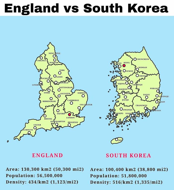 Map comparing England and South Korea with population, area, and density statistics in unconventional maps format.