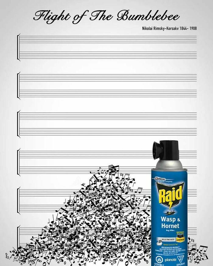 Music meme with "Flight of the Bumblebee" sheet music humorously paired with a wasp spray can.