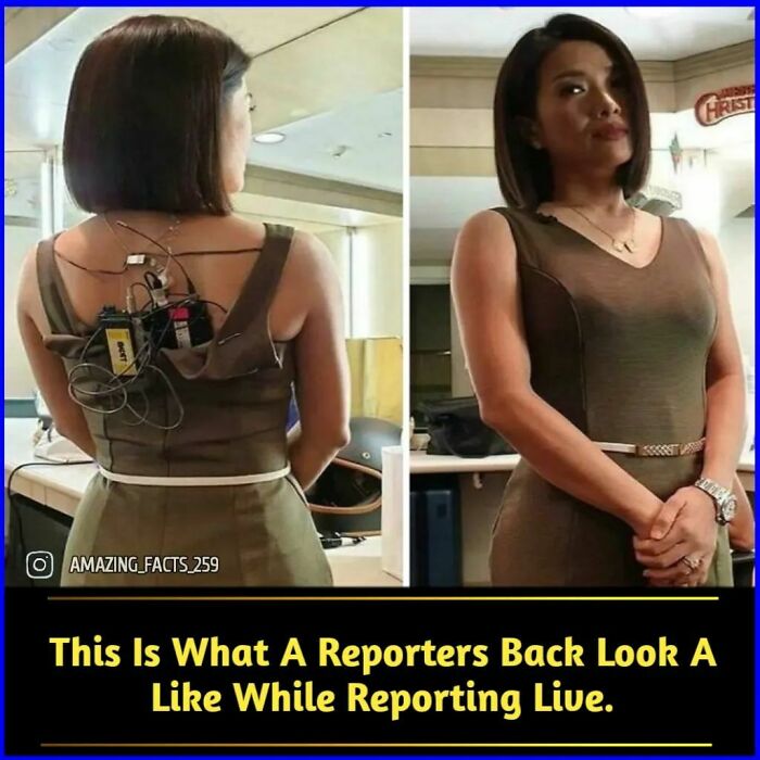 Woman wearing a microphone and transmitter behind her back, illustrating fascinating facts about live reporting equipment.