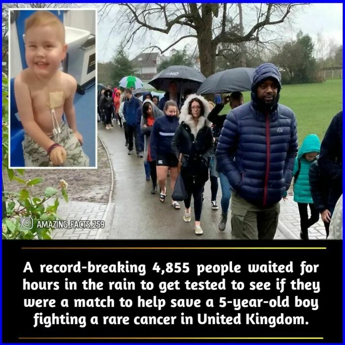 People waiting in the rain for hours to get tested to help save a boy with rare cancer, an amazing fact shared online.
