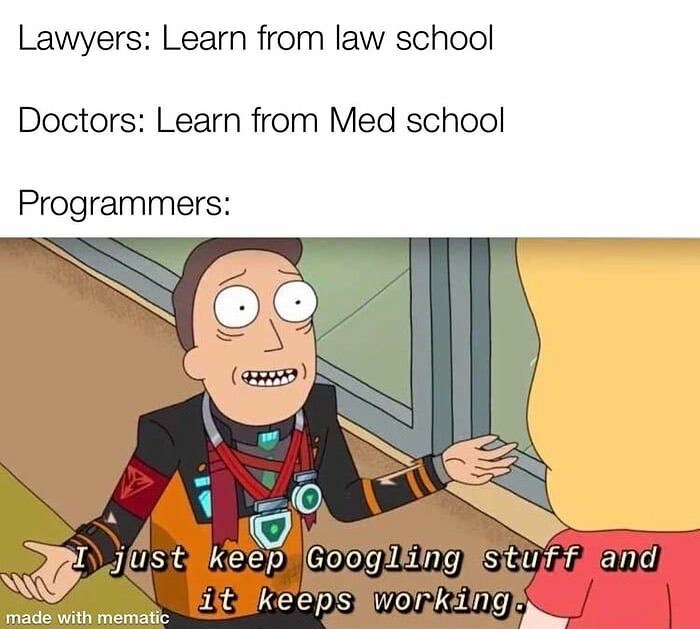 Engineer meme: Lawyers learn law, doctors med, programmers Google solutions.