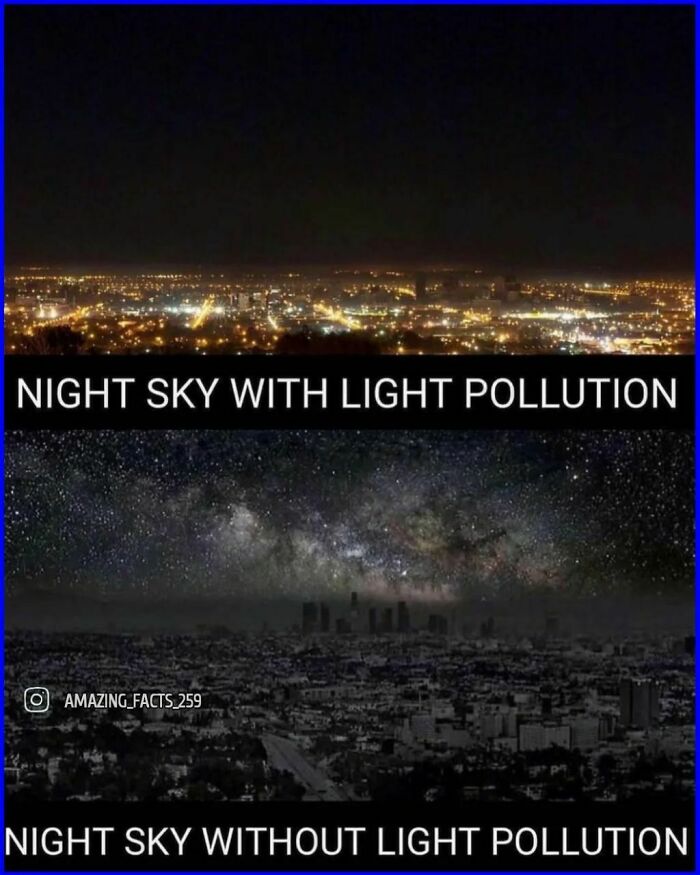Comparison of night sky with and without light pollution over a city showing the contrast for amazing facts about light pollution.