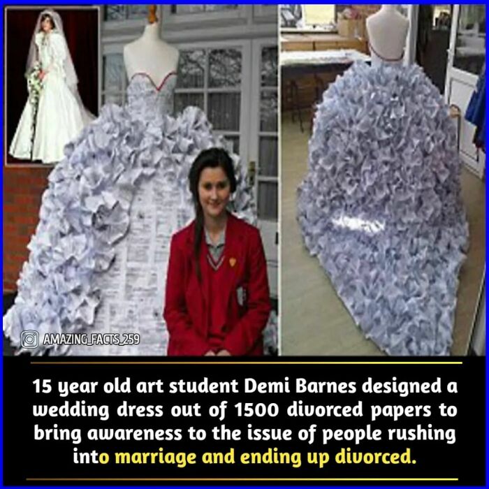 15-year-old art student creates wedding dress from 1500 divorce papers highlighting marriage and divorce facts.
