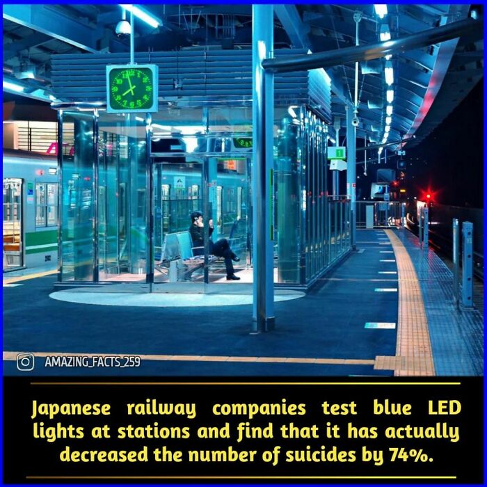 Japanese railway station illuminated with blue LED lights, shown to reduce suicides by 74% in interesting facts.