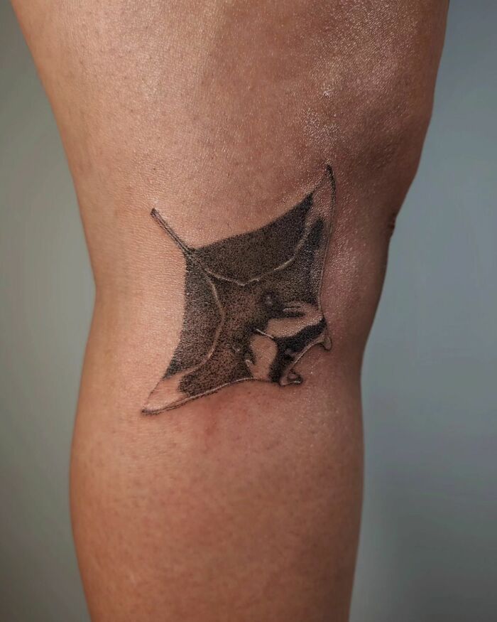 Handpoke tattoo of a manta ray on skin, showcasing intricate dotwork details.