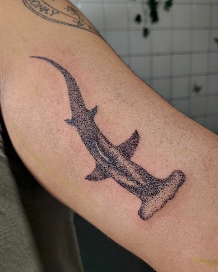 Handpoke tattoo of a hammerhead shark on an arm, showcasing intricate dotwork craftsmanship.