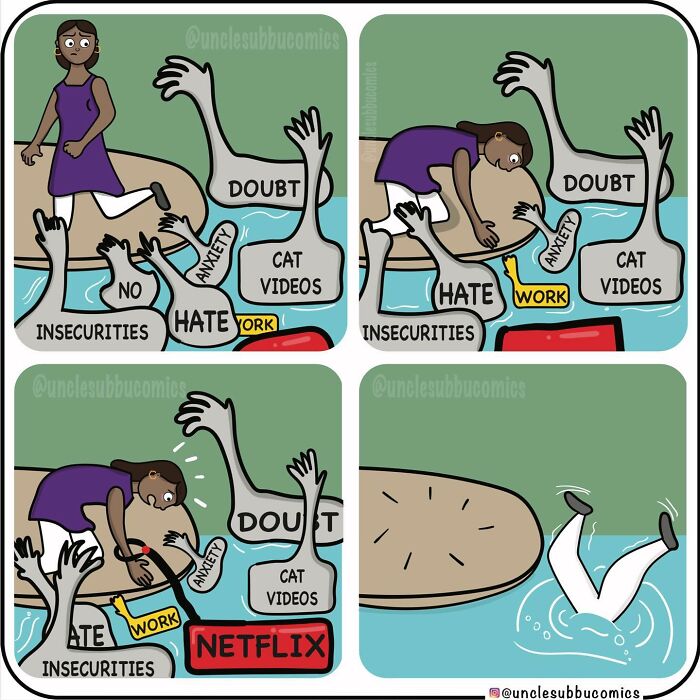 Comic panels from Uncle Subbu showing a person overcoming anxiety, doubt, and insecurities with humor about family life.