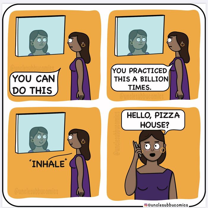 Woman building confidence in front of mirror before calling pizza house in a funny family life comic by Uncle Subbu.