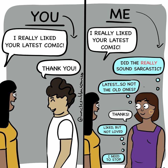 Two-panel comic by Uncle Subbu showing the funny side of family life and comic feedback misunderstandings.