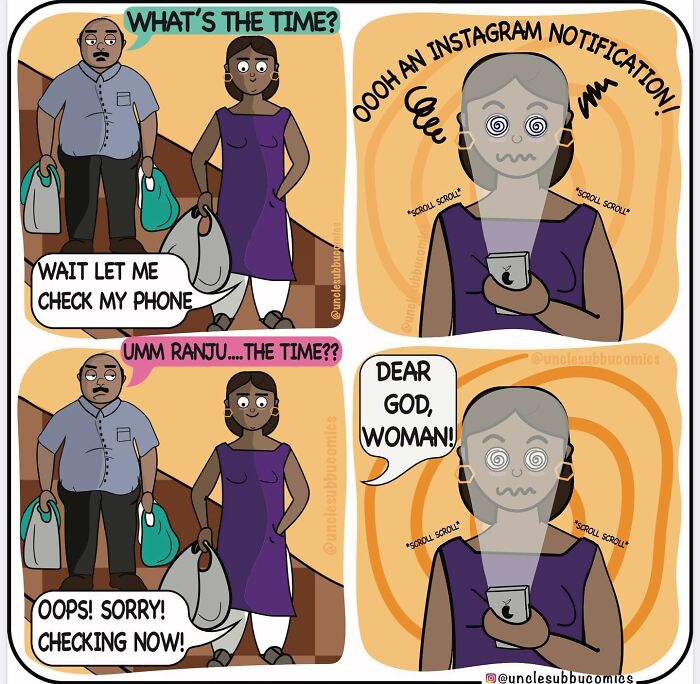 Cartoon from Uncle Subbu comics showing a family humorously distracted by phone notifications in everyday life.