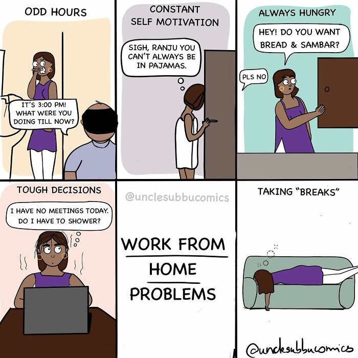 Work from home problems comic by Uncle Subbu showing funny and relatable family life moments during remote work.
