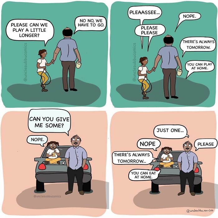 Father and child in Uncle Subbu comics humorously depicting everyday family life and playful interactions.