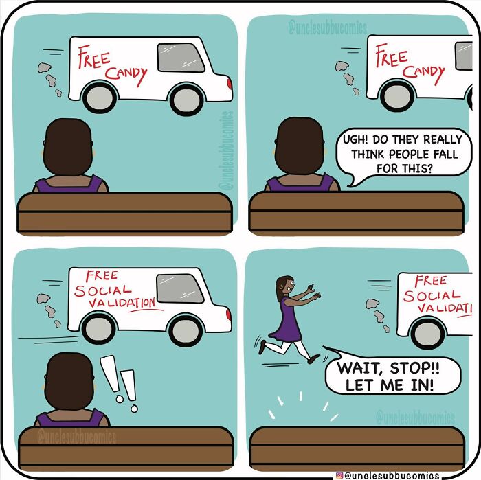 Comic showing a woman ignoring a free candy van but eagerly chasing a van offering free social validation family life humor.