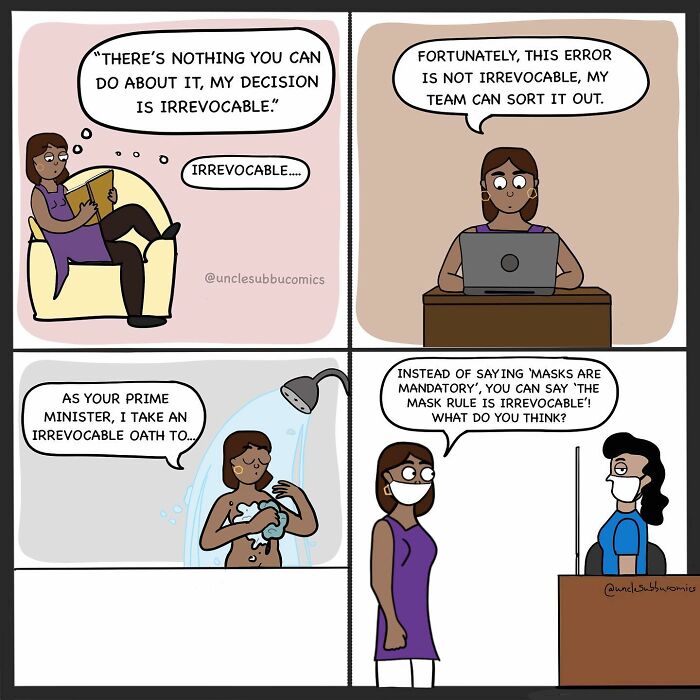 Comic strip by Uncle Subbu showing a woman reading, working, showering, and suggesting mask rules, capturing funny family life moments.