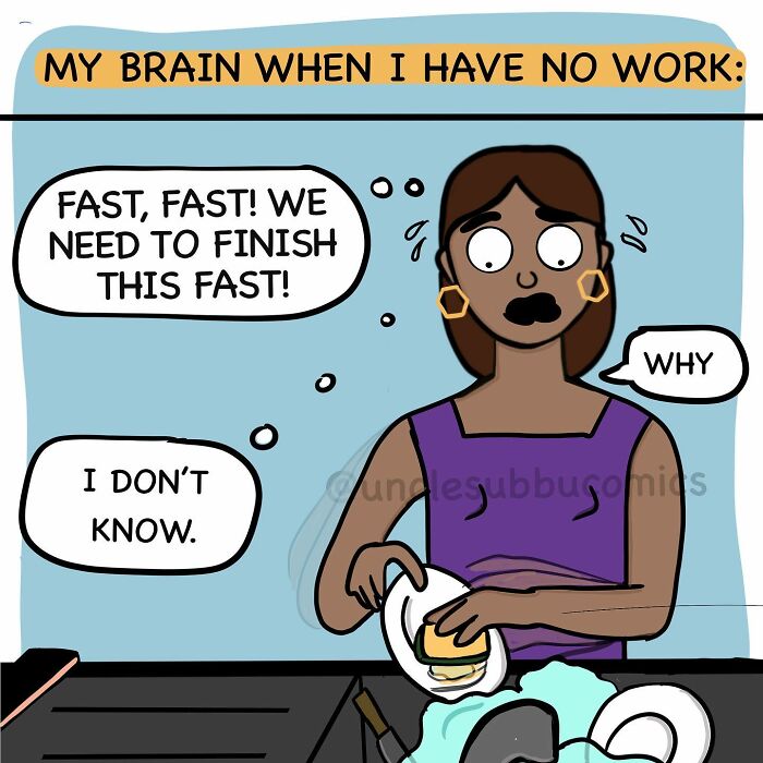 Woman washing dishes with anxious expression, illustrating the funny side of family life in Uncle Subbu comics.