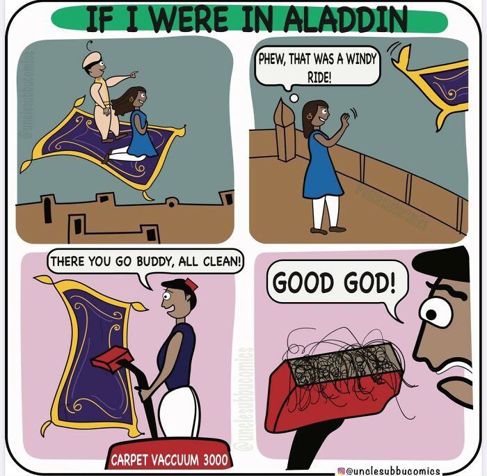 Comic showing a humorous family life scene with a magical flying carpet and a carpet vacuum cleaner.