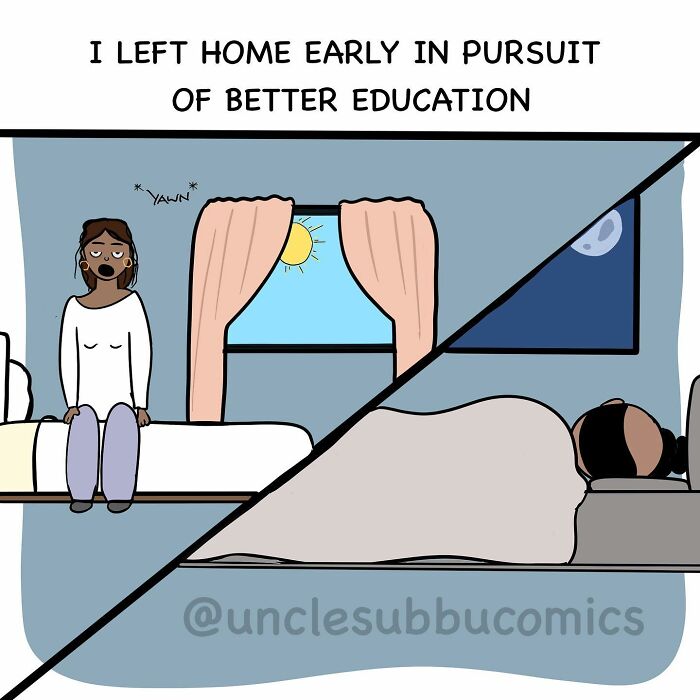 Woman yawning early morning by a window with sun, man sleeping late at night, humorous Uncle Subbu comics on family life.