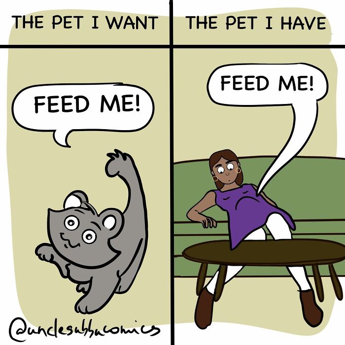 Cartoon from Uncle Subbu comics showing the funny side of family life with pets demanding food in different ways.